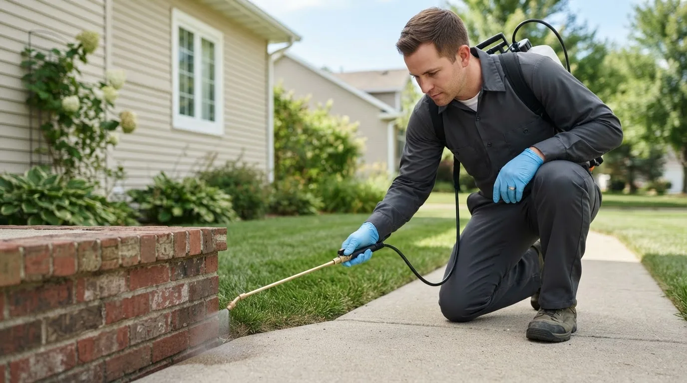 Pest control technician treating a home near Maple Rapids, MI