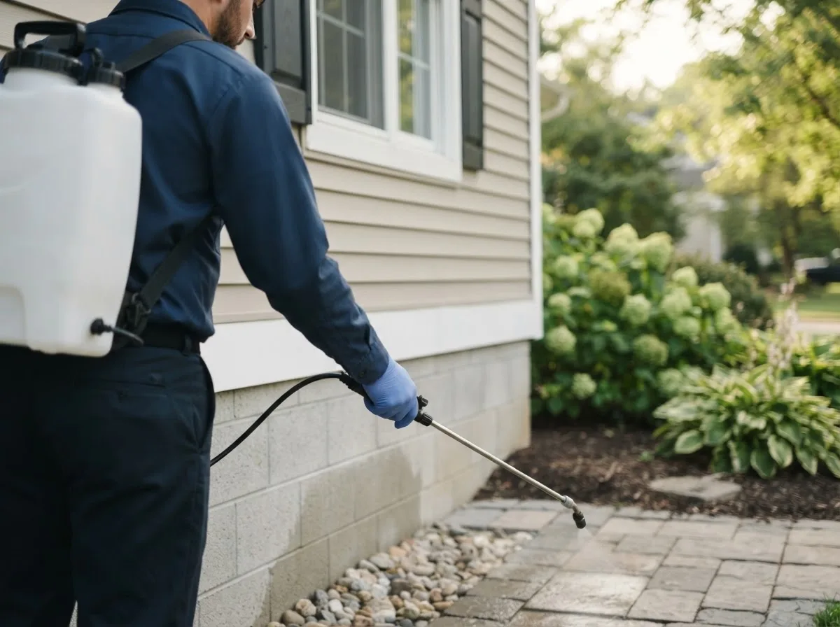 Pest control technician inspecting a home in Maple Rapids, MI